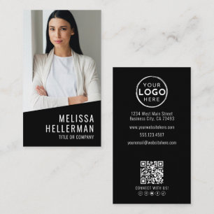 Tarjeta De Visita Código QR de Logo Vertical de Foto Negra