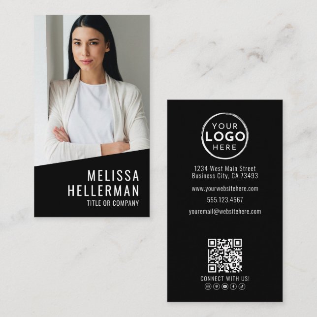 Tarjeta De Visita Código QR de Logo Vertical de Foto Negra (Anverso / Reverso)