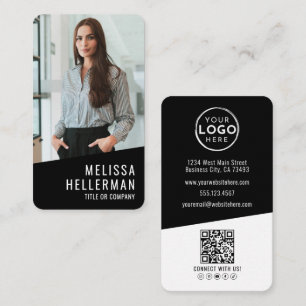 Tarjeta De Visita Código QR de Logo Vertical de Foto Negra
