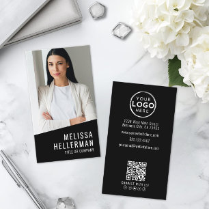 Tarjeta De Visita Código QR de Logo Vertical de Foto Negra