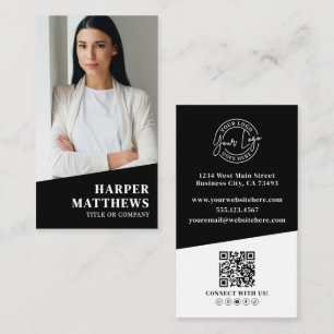 Tarjeta De Visita Código QR de Logo Vertical de Foto Negra