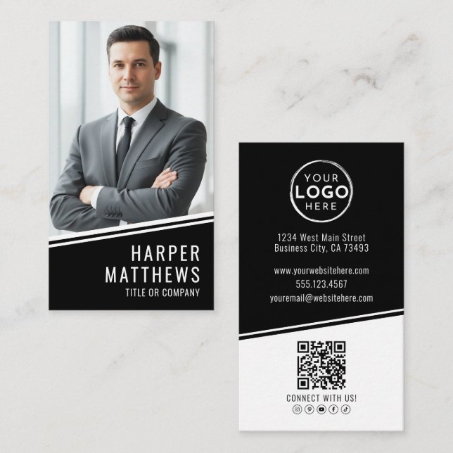 Tarjeta De Visita Código QR de Logo Vertical de Foto Negro (Anverso / Reverso)