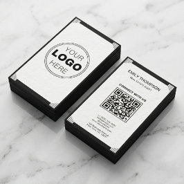Tarjeta De Visita Código QR de logotipo Art Déco minimalista en blan