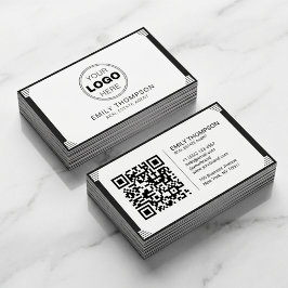 Tarjeta De Visita Código QR de logotipo Art Déco minimalista en blan