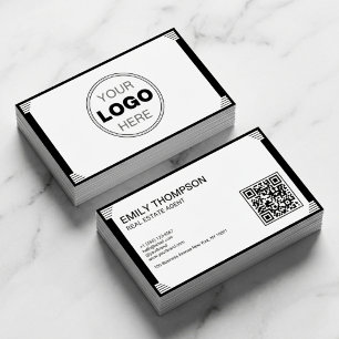 Tarjeta De Visita Código QR de logotipo Art Déco minimalista en blan