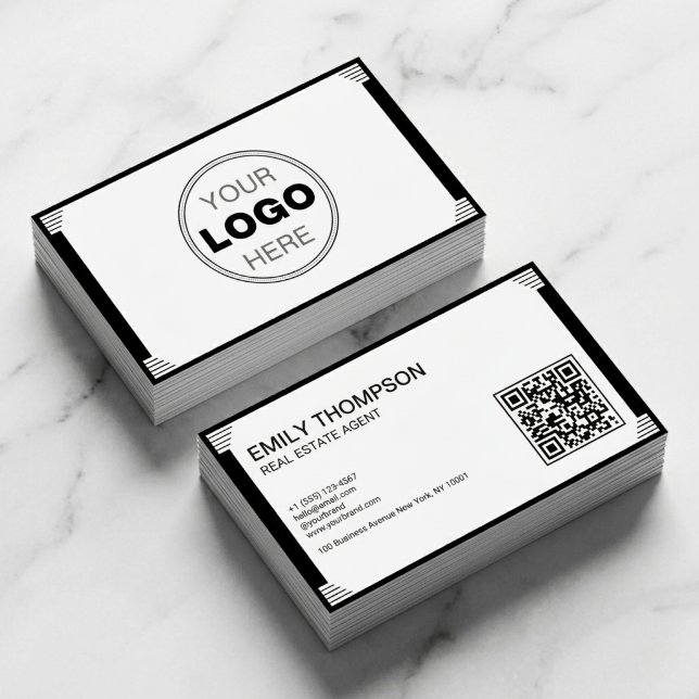 Tarjeta De Visita Código QR de logotipo Art Déco minimalista en blan (Modern Minimalist Real Estate Business Card with QR Code | Art Deco Branding)