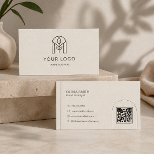 Tarjeta De Visita Código QR de Logotipo de Arco Moderno Beige Minima