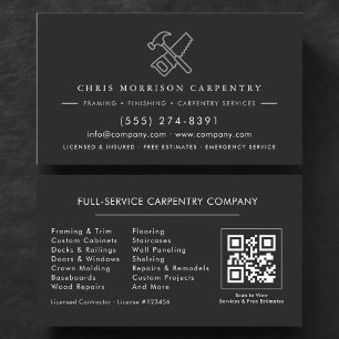 Tarjeta De Visita Código QR de lujo Carpintero Carpintería Negro Pla