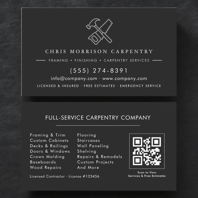Tarjeta De Visita Código QR de lujo Carpintero Carpintería Negro Pla (Subido por el creador)