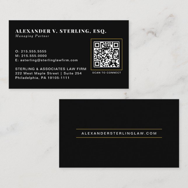 Tarjeta De Visita Código QR de Lujo Profesional Oro Negro Moderno (Anverso / Reverso)