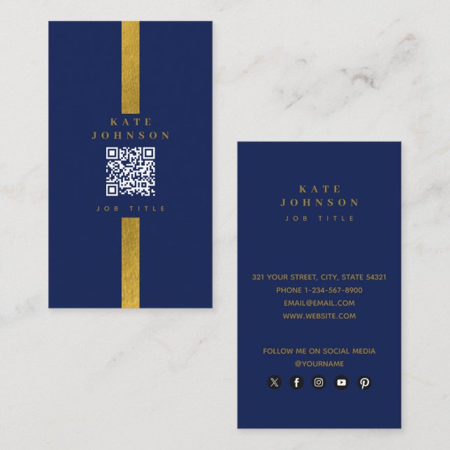 Tarjeta De Visita Código QR de Luxury Navy Blue Gold para redes soci (Anverso / Reverso)