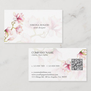 Tarjeta De Visita Código QR de Magnolias Rosadas en Acuarela