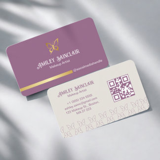 Tarjeta De Visita Código QR de Maquilladora Mariposa Dorada Morado F