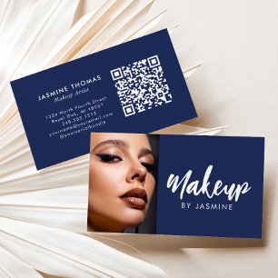 Tarjeta De Visita Código QR de Maquillaje de Foto en Azul Marino Bla