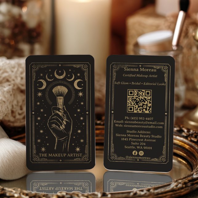 Tarjeta De Visita Código QR de Maquillaje Tarot Celestial Retro Dora (Gold Retro Celestial Tarot Makeup QR Code Business Card)