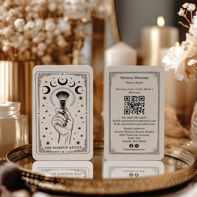 Tarjeta De Visita Código QR de Maquillaje Tarot Celestial Retro Vint (Vintage Retro Celestial Tarot Makeup QR Code Business Card)