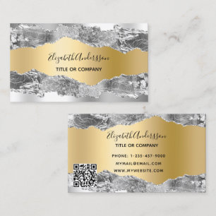 Tarjeta De Visita Código QR de mármol de ágata dorada plateado