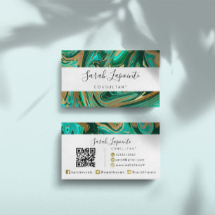Tarjeta De Visita Código QR de mármol líquido verde y dorado de moda