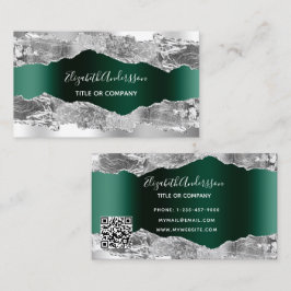 Tarjeta De Visita Código QR de mármol verde esmeralda plateado