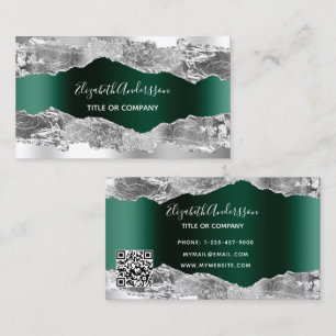 Tarjeta De Visita Código QR de mármol verde esmeralda plateado