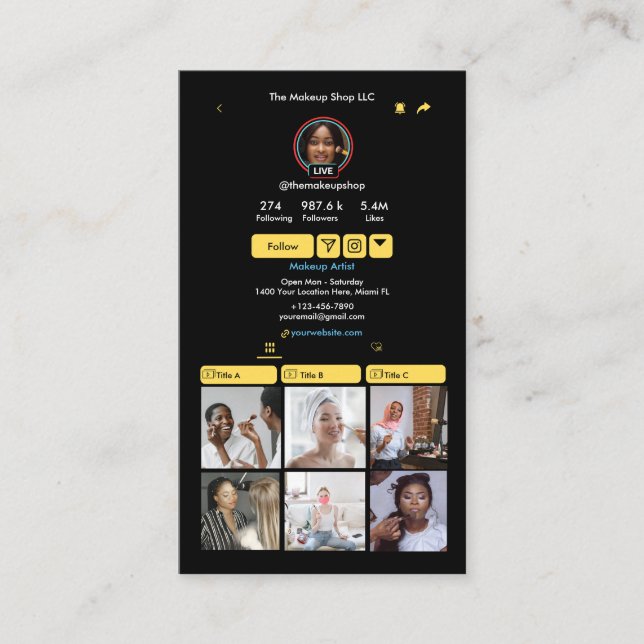 Tarjeta De Visita Código QR de medios sociales amarillos TikTok (Anverso)