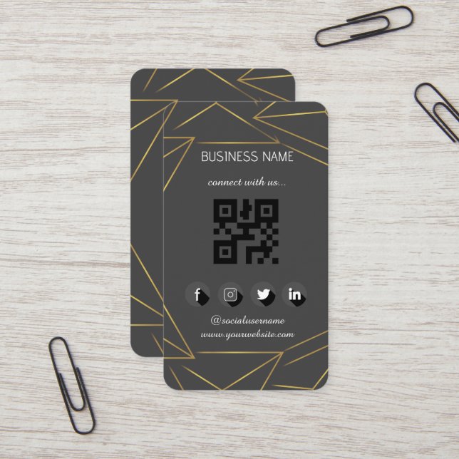 Tarjeta De Visita Código QR de medios sociales de cuero negro de oro (Anverso/Reverso In Situ)
