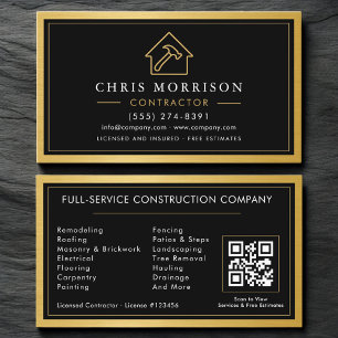 Tarjeta De Visita Código QR de metal negro oro contratista de constr