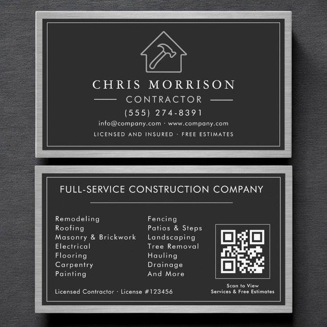 Tarjeta De Visita Código QR de metal negro plateado de construcción  (Subido por el creador)