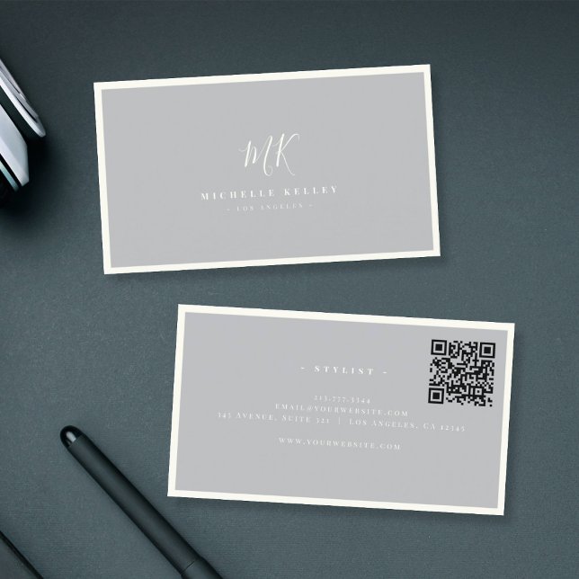 Tarjeta De Visita Código QR de Moda de marfil gris de monograma míni (Two elegant gray business cards with white borders on a dark surface.)