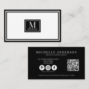 Tarjeta De Visita Código QR de monograma con borde blanco y negro mo