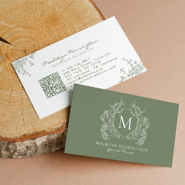 Tarjeta De Visita Código QR de monograma con cresta floral verde sal