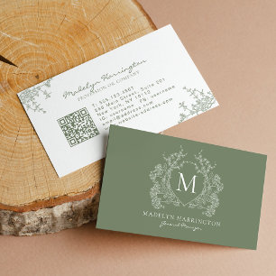 Tarjeta De Visita Código QR de monograma con cresta floral verde sal