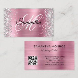 Tarjeta De Visita Código QR de monograma con lámina rosa y brillo pl