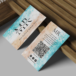 Tarjeta De Visita Código QR de monograma de acuarela de playa abstra