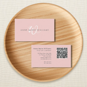 Tarjeta De Visita Código QR de Monograma de Escritura Rosa Blush Mod