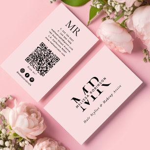 Tarjeta De Visita Código QR de Monograma de Estilista de Cabello Ros