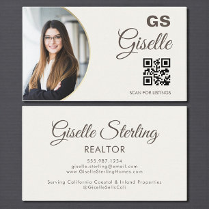 Tarjeta De Visita Código QR de monograma de foto beige neutral para