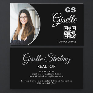 Tarjeta De Visita Código QR de Monograma de Foto de Plata Negra para