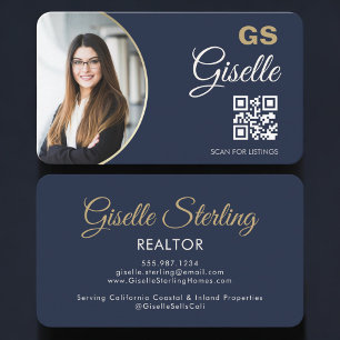 Tarjeta De Visita Código QR de Monograma de Foto Dorada Azul Marino 