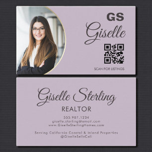 Tarjeta De Visita Código QR de monograma de foto púrpura de lavanda