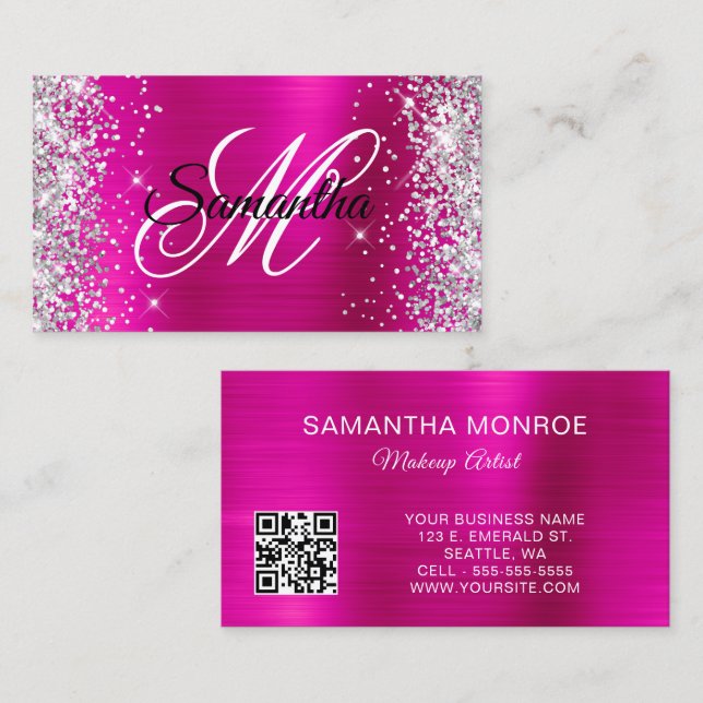 Tarjeta De Visita Código QR de monograma de lámina rosa caliente con (Anverso / Reverso)