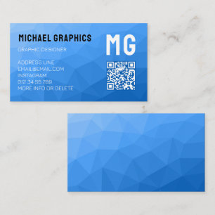 Tarjeta De Visita Código QR de monograma de malla geométrica azul cl
