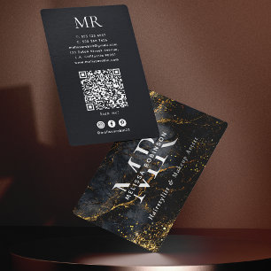 Tarjeta De Visita Código QR de Monograma de Mármol Negro y Dorado pa