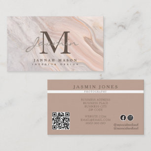 Tarjeta De Visita Código QR de monograma de mármol rosa elegante