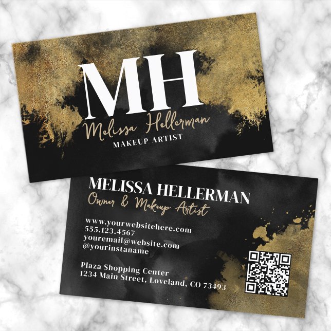Tarjeta De Visita Código QR de Monograma de Oro Negro (Black Gold QR Code Monogram Business Card)