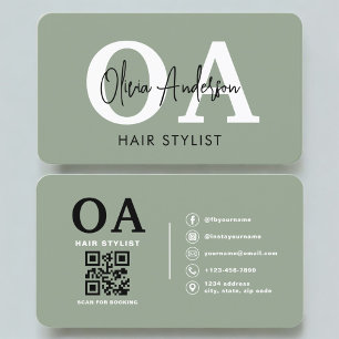 Tarjeta De Visita Código QR de monograma de peluquero en verde salvi