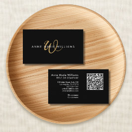 Tarjeta De Visita Código QR de Monograma de Script Dorado Negro Mode