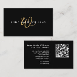 Tarjeta De Visita Código QR de Monograma de Script Dorado Negro Mode