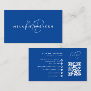 Tarjeta De Visita Código QR de monograma doble minimalista azul mari