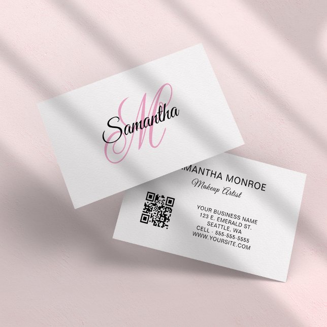 Tarjeta De Visita Código QR de monograma elegante rosa (Pink Fancy Monogram QR Code Business Card)